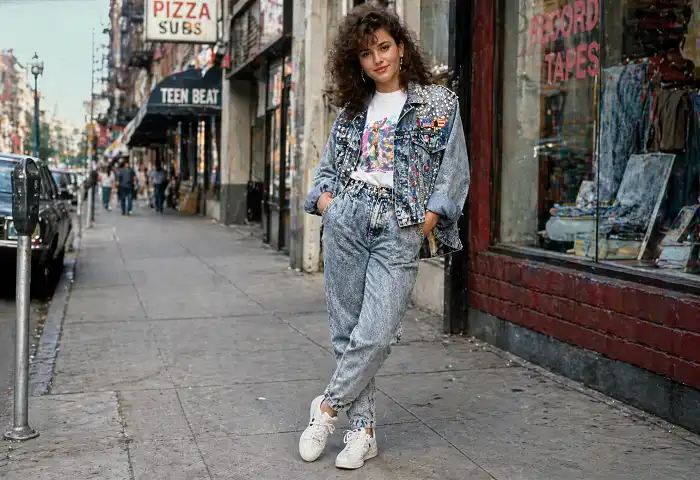 80s acid wash denim high waist jeans women