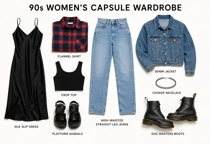 90s women capsule wardrobe essential pieces infographic