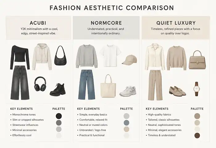 acubi vs normcore vs quiet luxury comparison chart