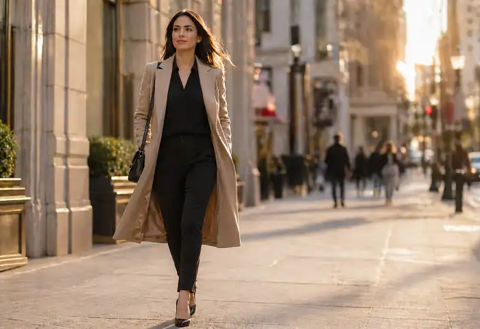 confident woman walking in stylish outfit