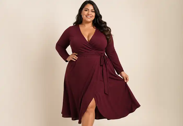 curvy woman wearing a plus size wrap dress