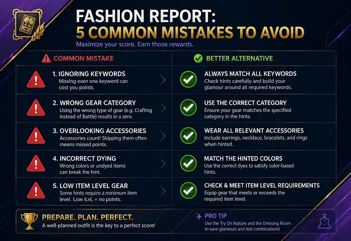 ffxiv fashion report common mistakes checklist infographic
