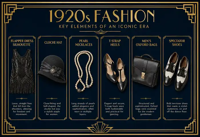 roaring 20s fashion key elements infographic