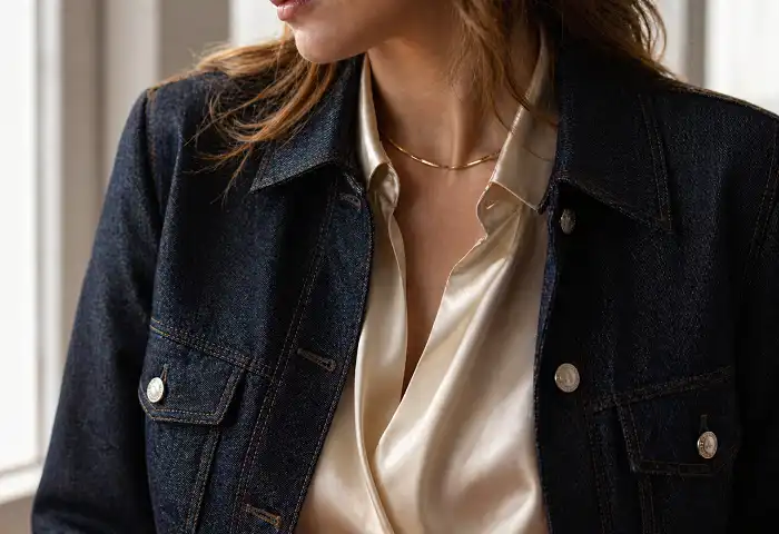 texture mixing outfit denim and silk