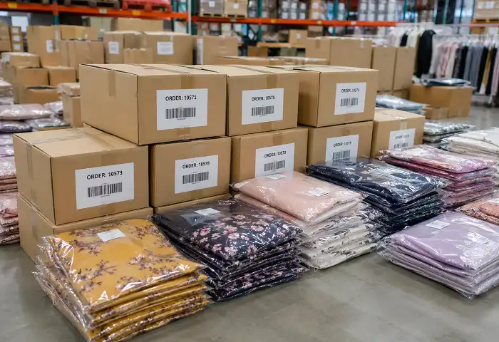 wholesale clothing shipment packed in boxes for boutique delivery
