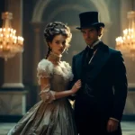 Elegant 1800s fashion ensemble featuring Victorian dress and top hat