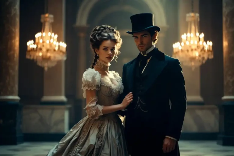 Elegant 1800s fashion ensemble featuring Victorian dress and top hat