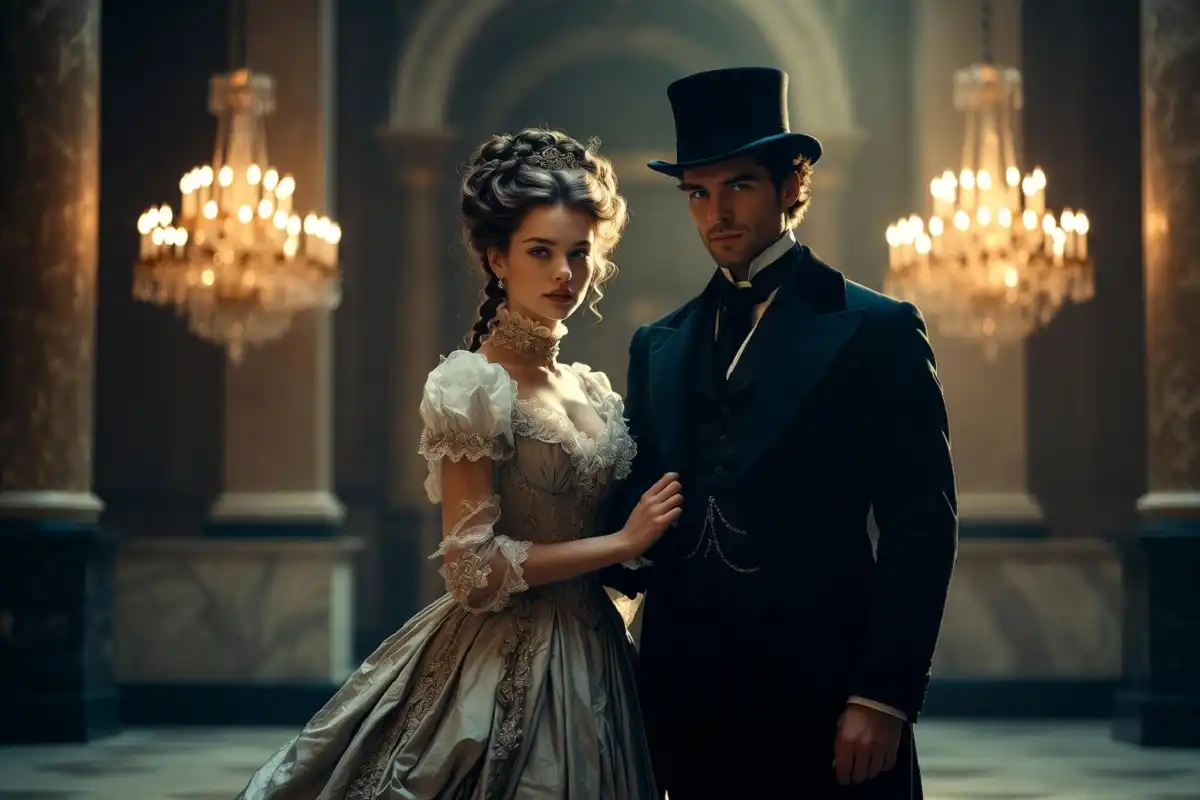 Elegant 1800s fashion ensemble featuring Victorian dress and top hat