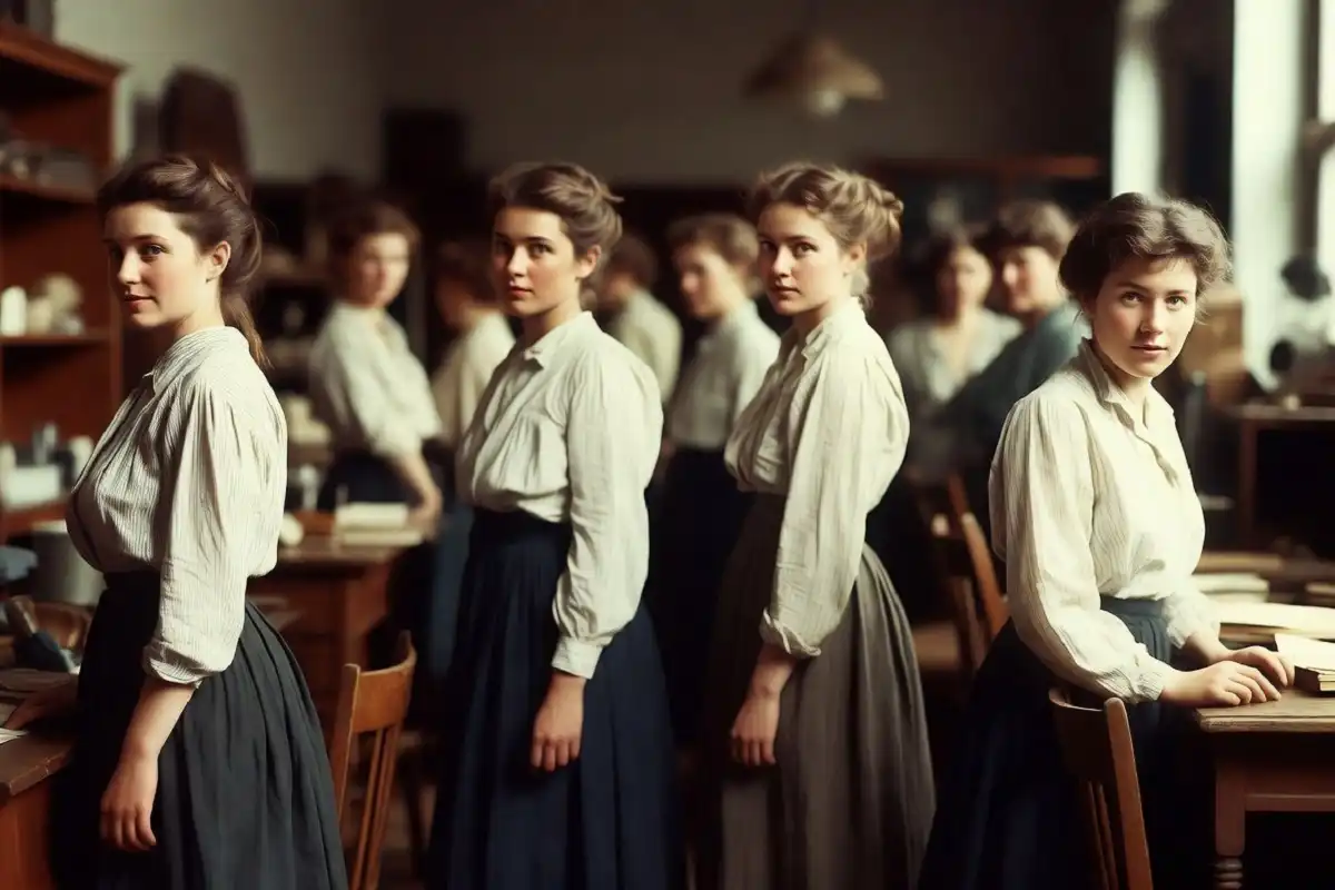 Women in 1900s shirtwaist blouses and long skirts representing early working women's fashion