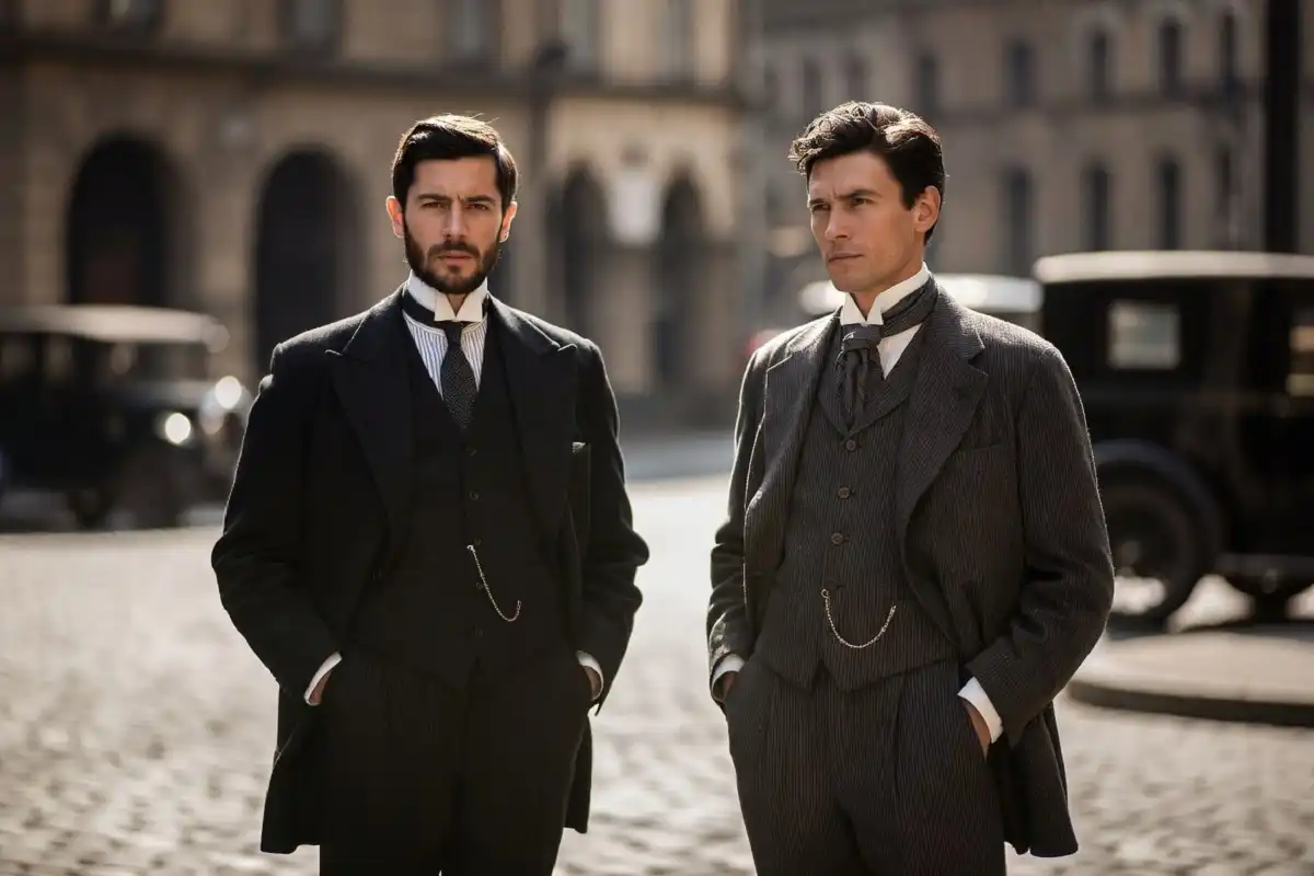 Men wearing formal Edwardian era suits with top hats and stiff collars in the 1900s