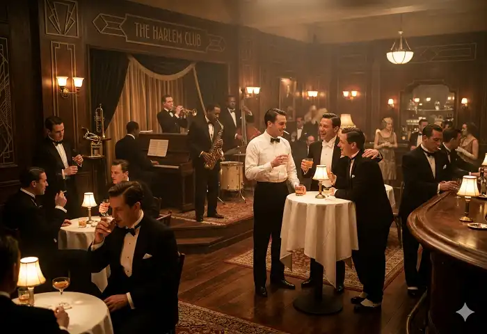 Men in 1920s mens fashion at a jazz club speakeasy