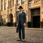 Man dressed in 1920s mens fashion wearing a pinstripe suit and fedora