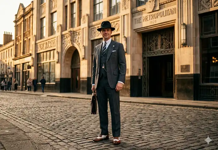 Man dressed in 1920s mens fashion wearing a pinstripe suit and fedora