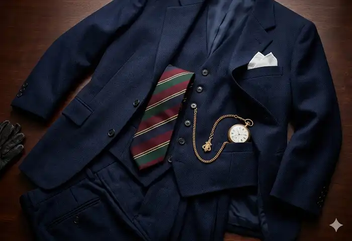 1920s mens fashion three-piece suit with waistcoat and pocket watch