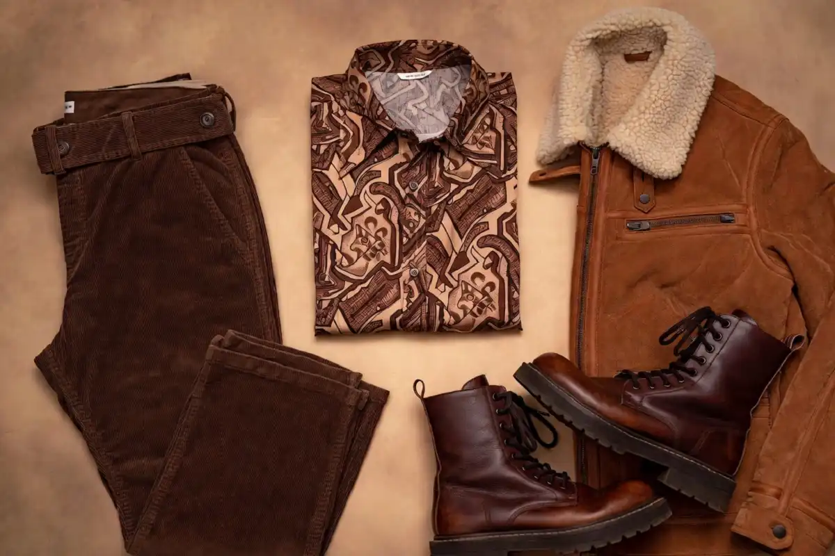 Flat lay of 70s fashion men wardrobe essentials including corduroy trousers suede jacket and wide collar shirt