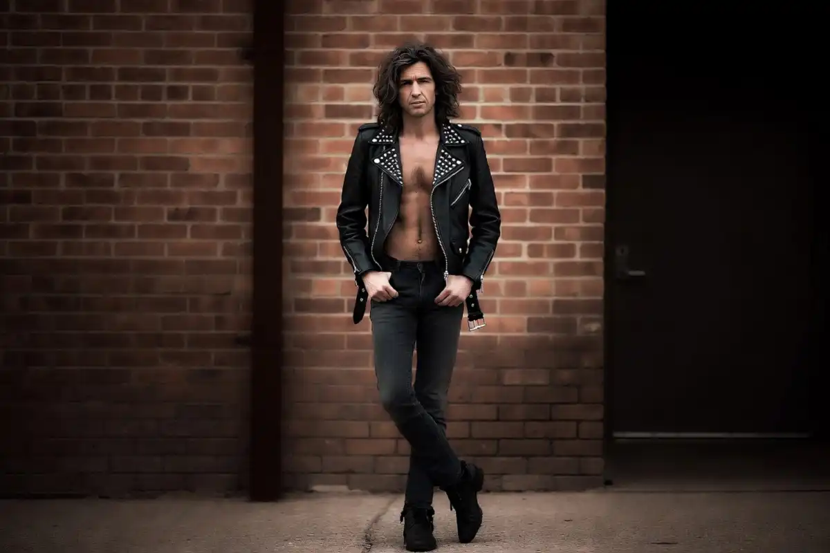 70s fashion men rock subculture style with leather jacket slim jeans and boots