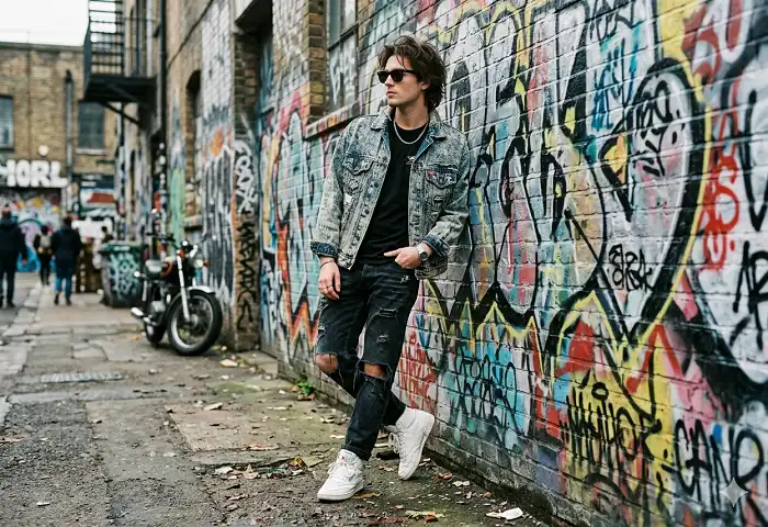 80s fashion men wearing acid-wash denim jackets and jeans