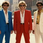 80s fashion men in power suits with padded shoulders and bold colors