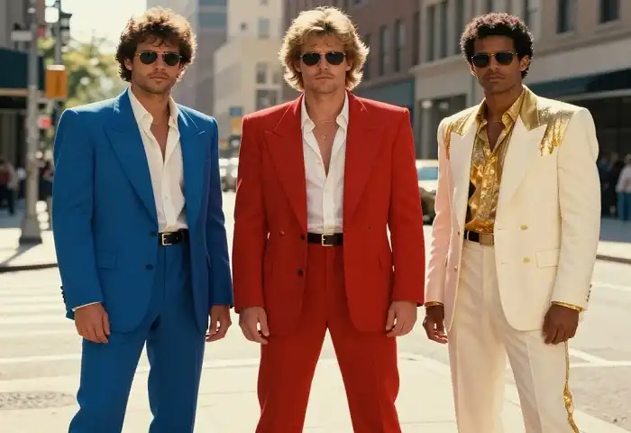 80s fashion men in power suits with padded shoulders and bold colors