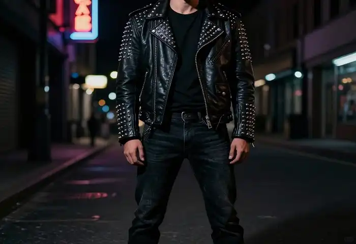 80s fashion men in leather biker jackets with studs and rock style