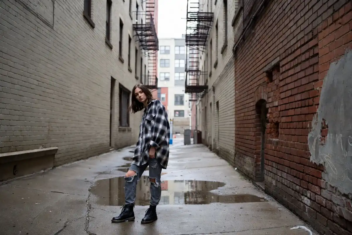 90s grunge fashion outfit with flannel and combat boots