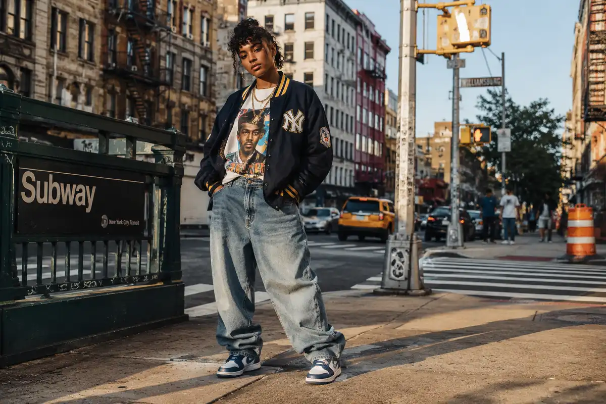  modern streetwear outfit inspired by 90s hip hop fashion styled for today with vintage pieces and contemporary fits