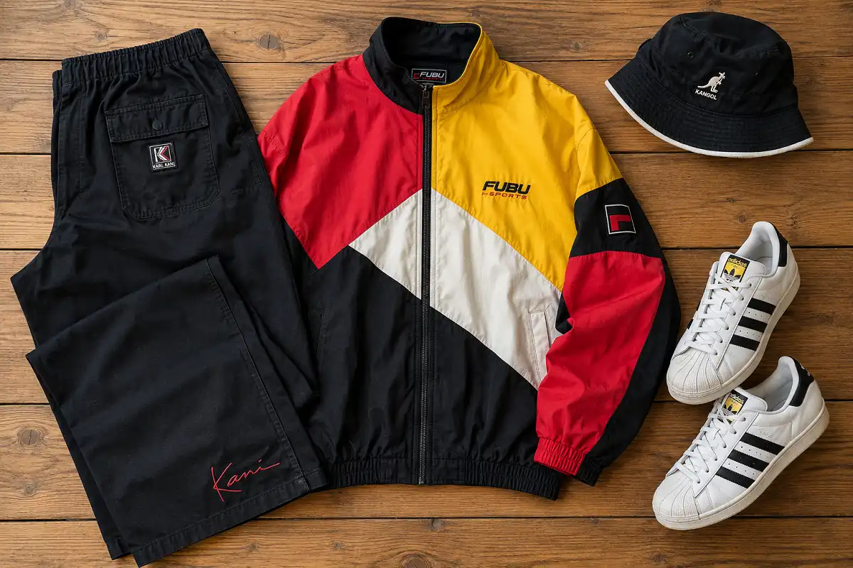 An outfit flat lay featuring oversized 90s hip hop fashion clothing including a graphic tee, wide-leg pants, and a bucket hat