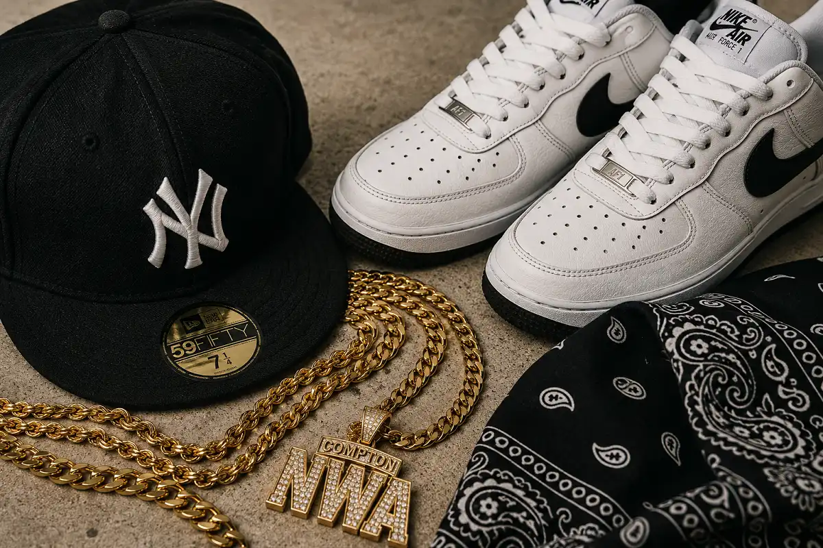 ollection of 90s hip hop fashion style sneakers and accessories including gold chains, caps, and classic athletic shoes