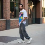 Man wearing 90s mens fashion streetwear with baggy jeans and chunky sneakers