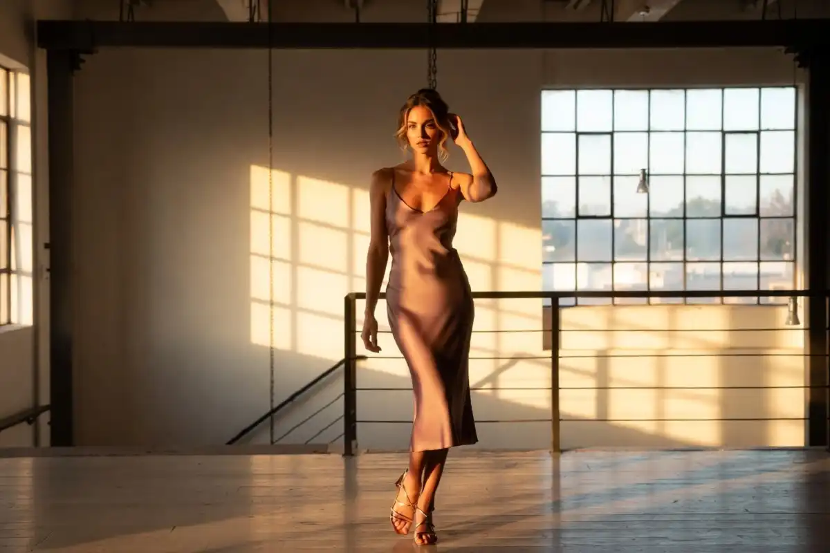 Woman in a 90s minimalist slip dress and strappy sandals representing female 90s fashion