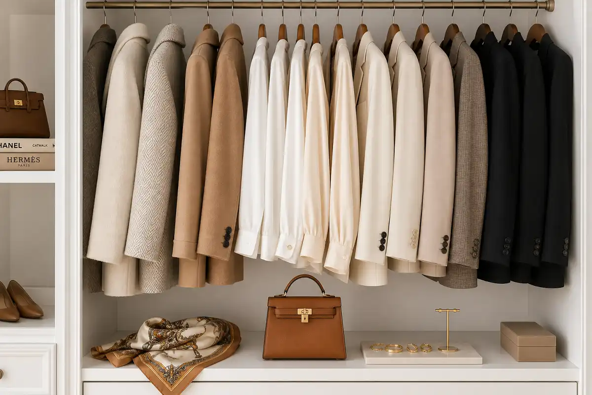 Close-up of high fashion luxury garments and designer accessories in a wardrobe
