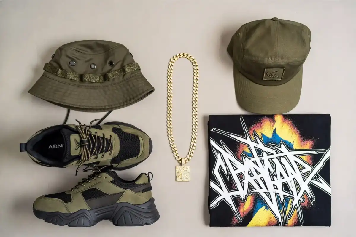 Classic 90s mens fashion accessories including sneakers bucket hat chain and graphic tee