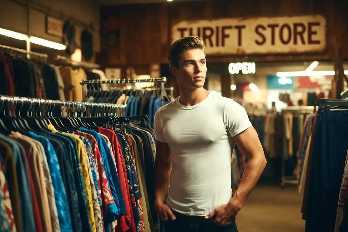 Stylish man browsing thrift store racks for frugal male fashion finds