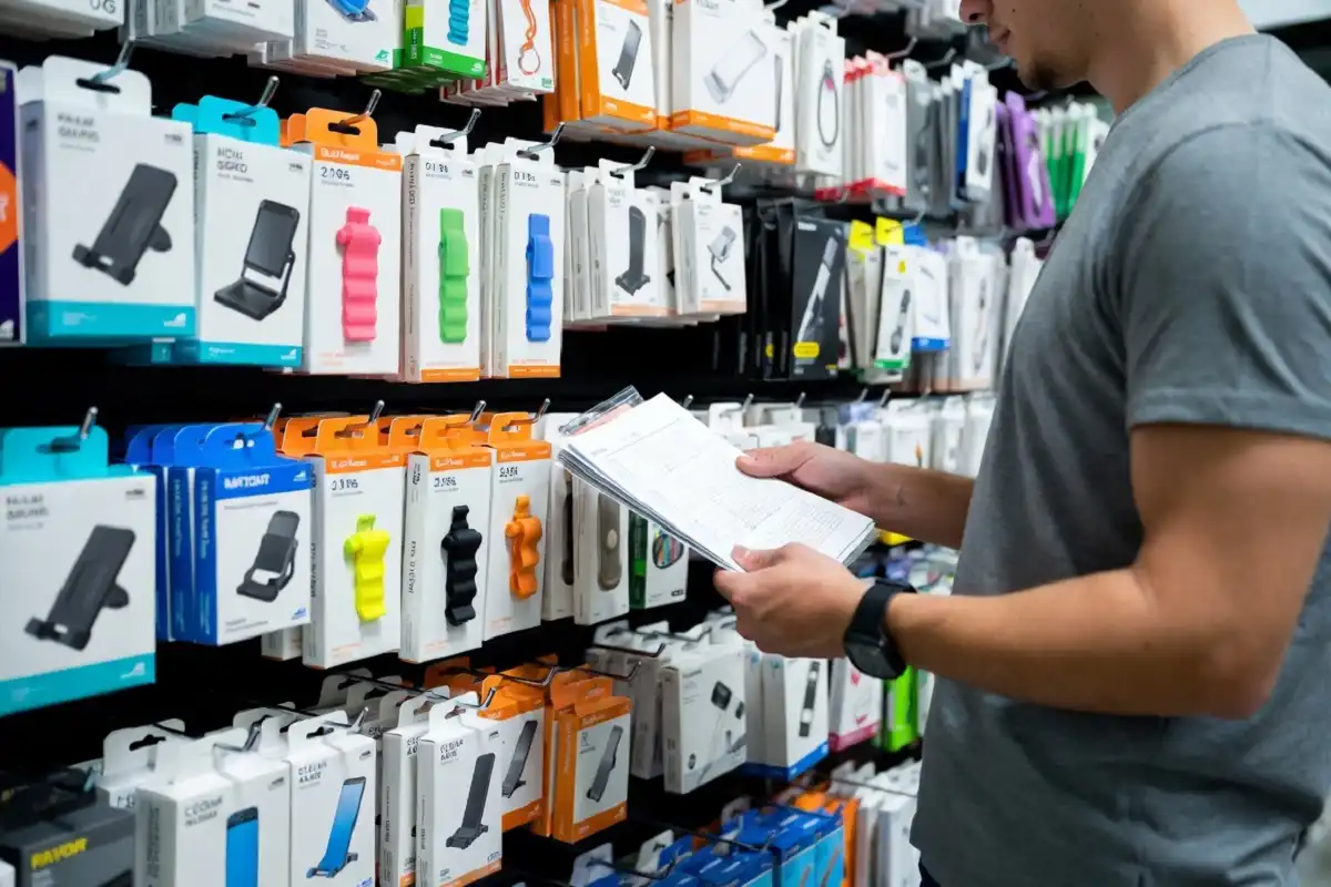 A person comparing low cost tech accessories on a store shelf while holding a small shopping list