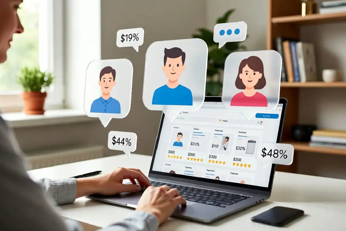 Person using AI shopping guides on a laptop to compare products