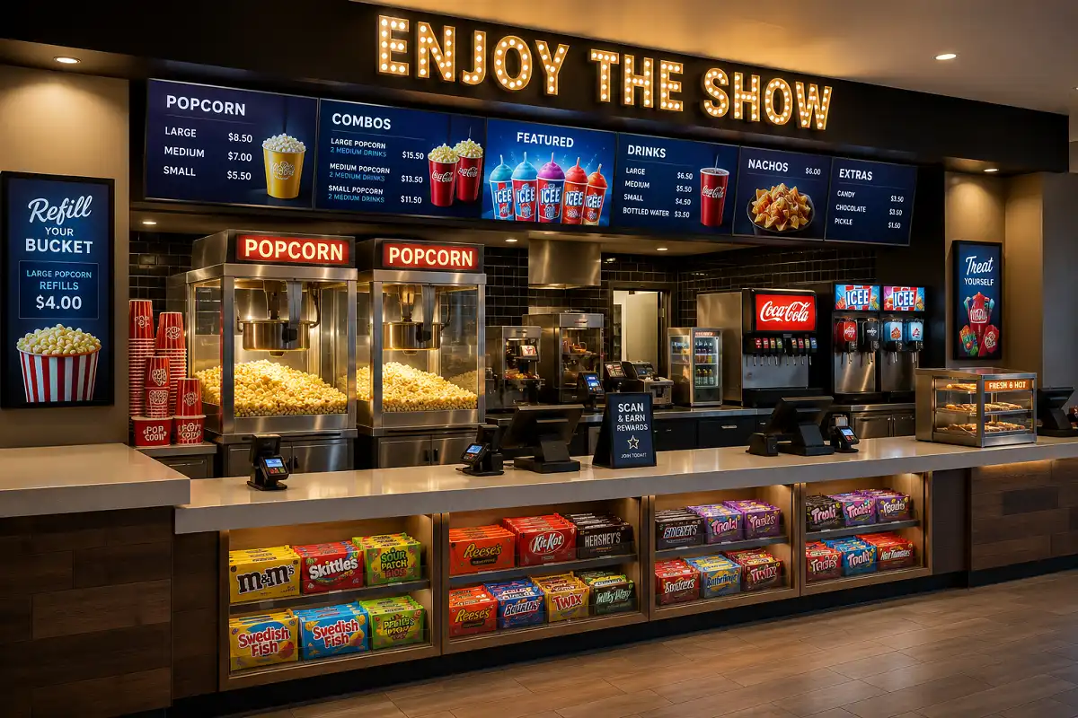 The concession stand at AMC Fashion Valley 18 showing popcorn, drinks, and snack options available for moviegoers