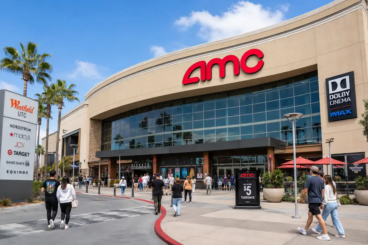 The exterior entrance of AMC Fashion Valley 18 movie theater located in the Fashion Valley mall in San Diego
