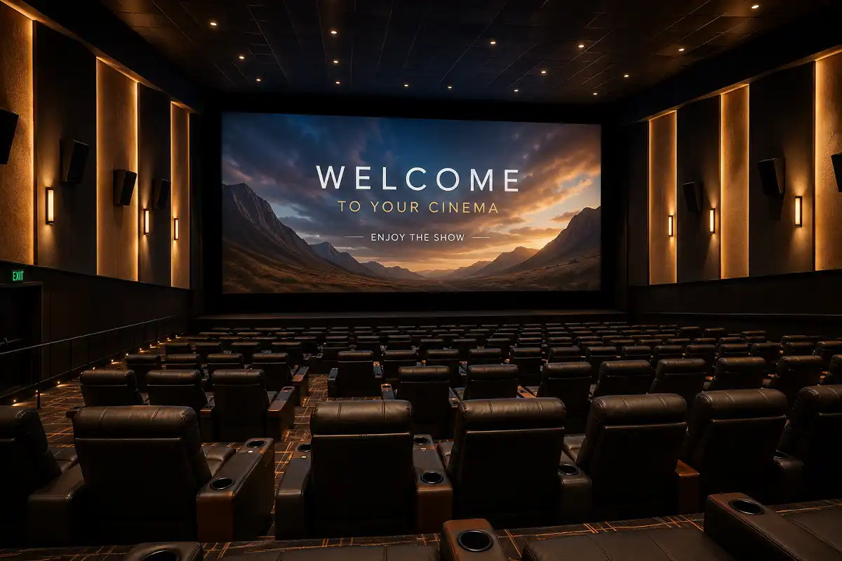 Comfortable recliner seats inside an AMC Fashion Valley 18 auditorium with a large cinema screen in the background