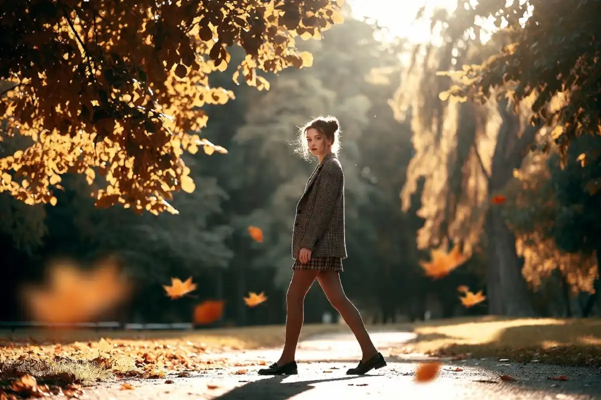 Woman in fall twee outfit walking in a park