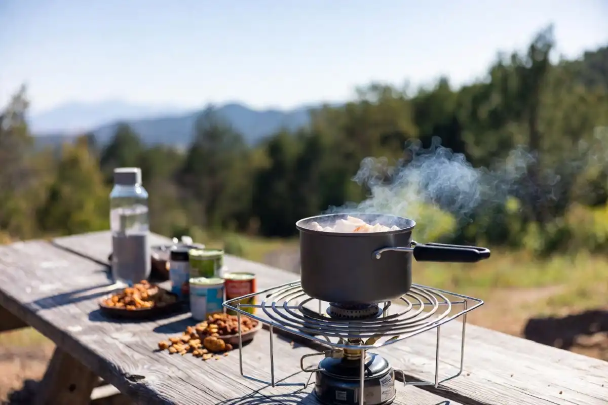 Camp stove and food supplies laid out on a picnic table from a beginner camping checklist