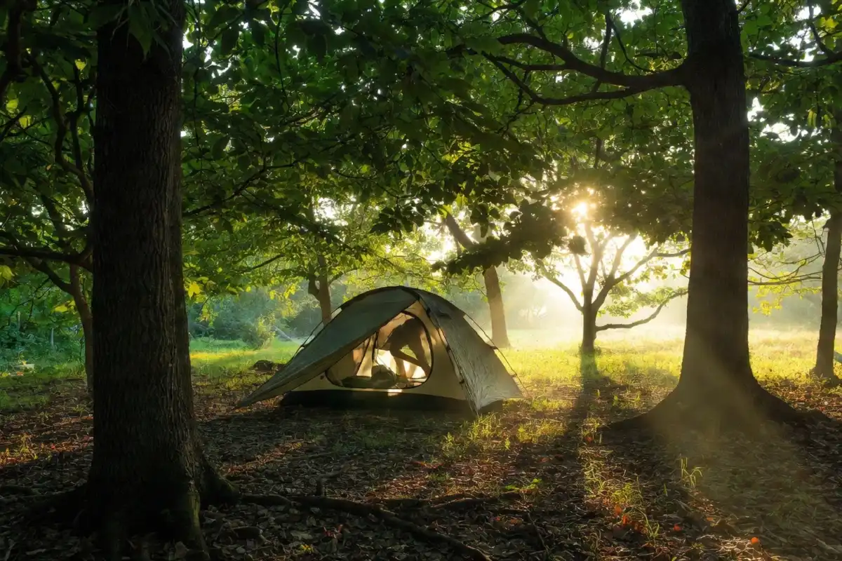 Beginner camper setting up a tent in a forest as part of a beginner camping checklist guide