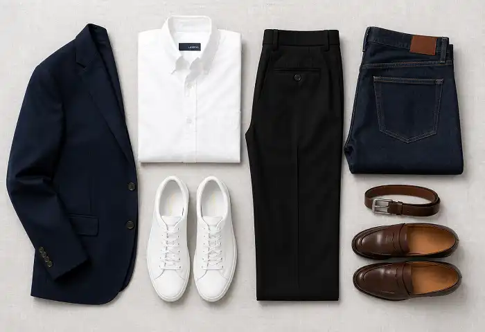 capsule wardrobe neutral pieces flat lay