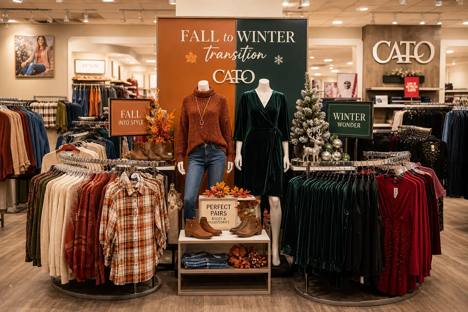 Cato's fashion seasonal clothing collection displayed on retail racks