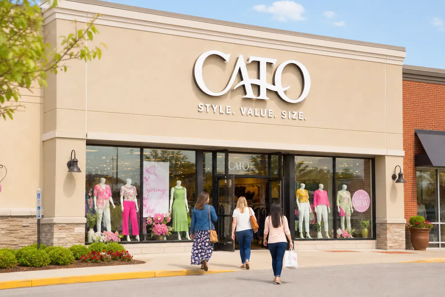 Cato's fashion retail store exterior with bright signage and window display