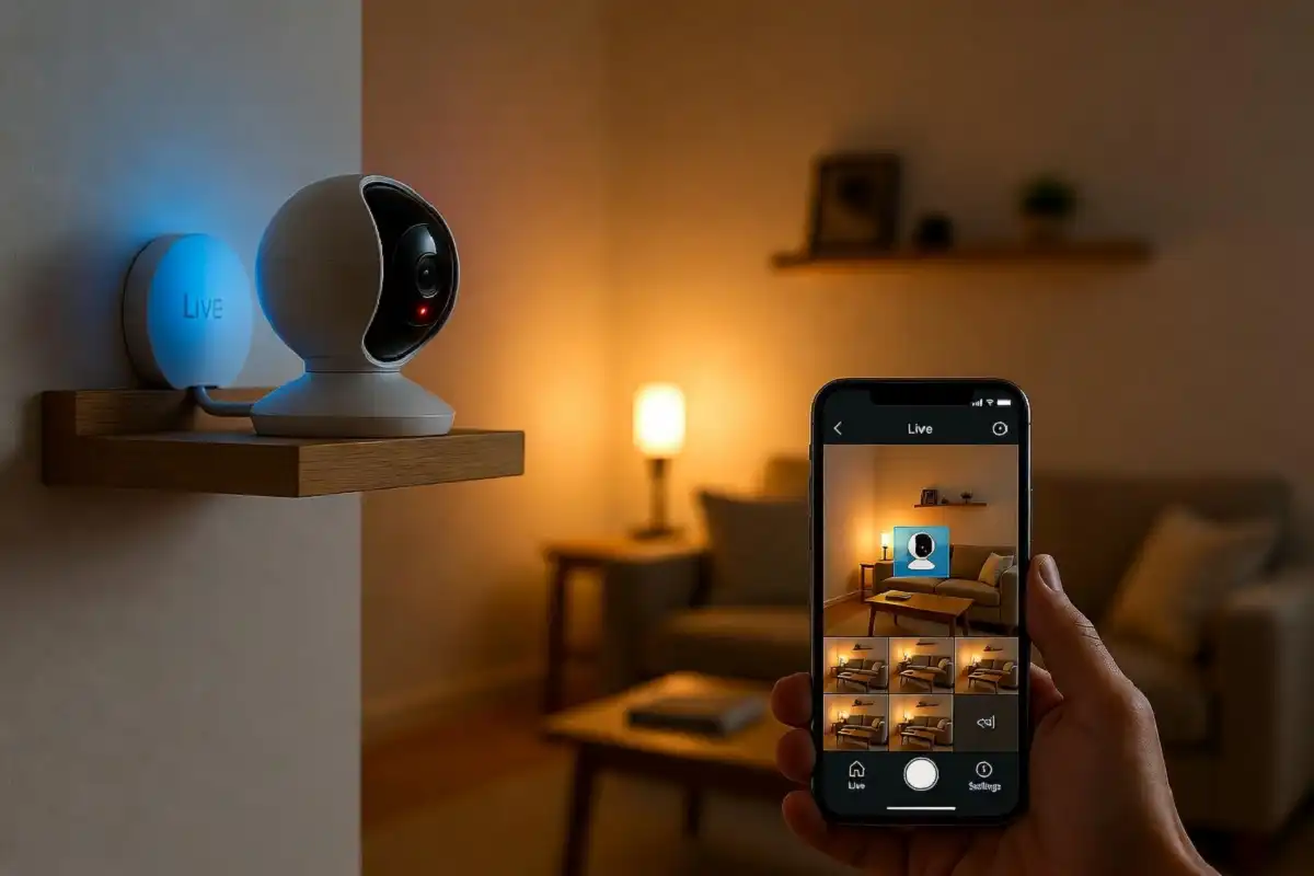 Budget smart home devices controlling lights and a camera in a living room