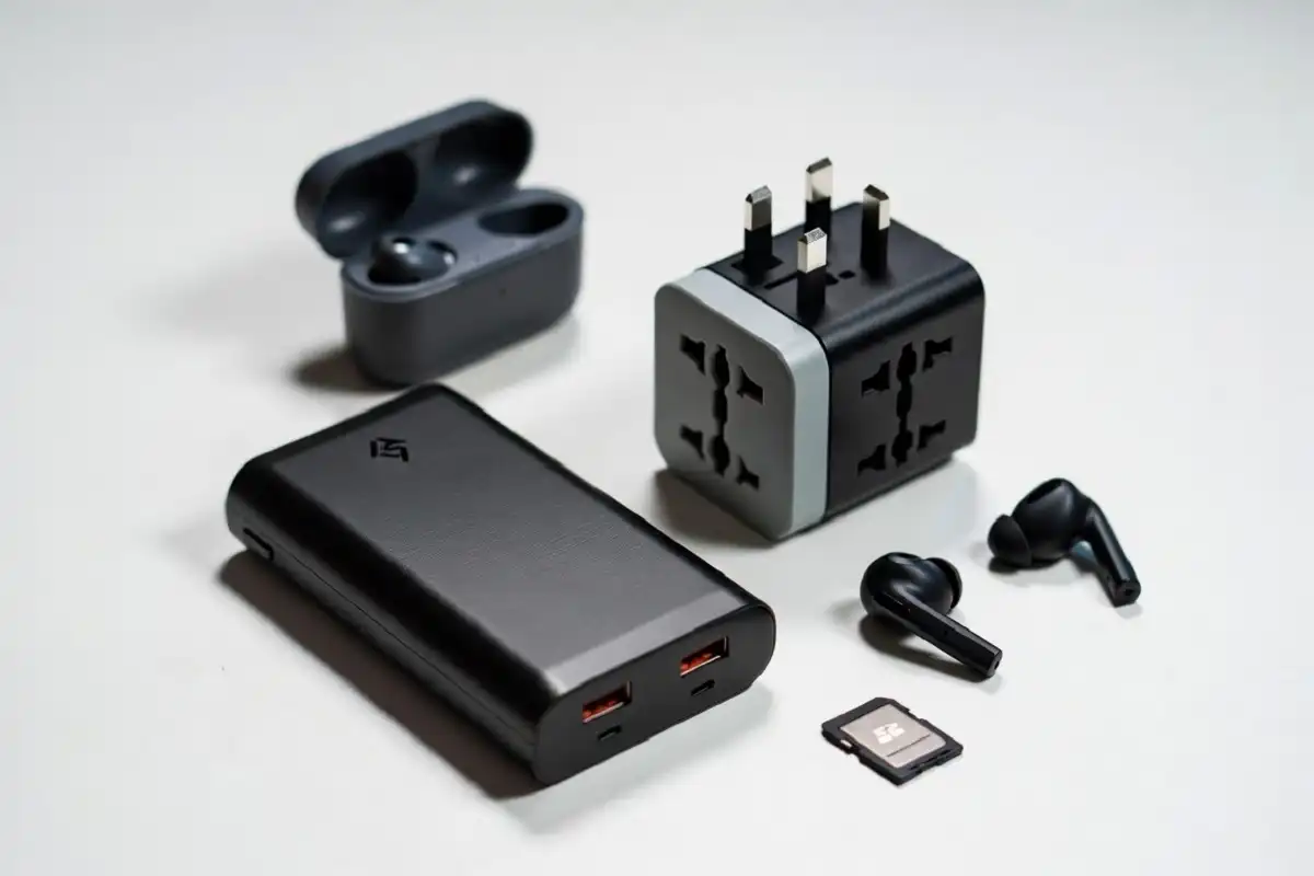 Budget travel tech accessories including power bank, adapter, and earbuds on a grey surface