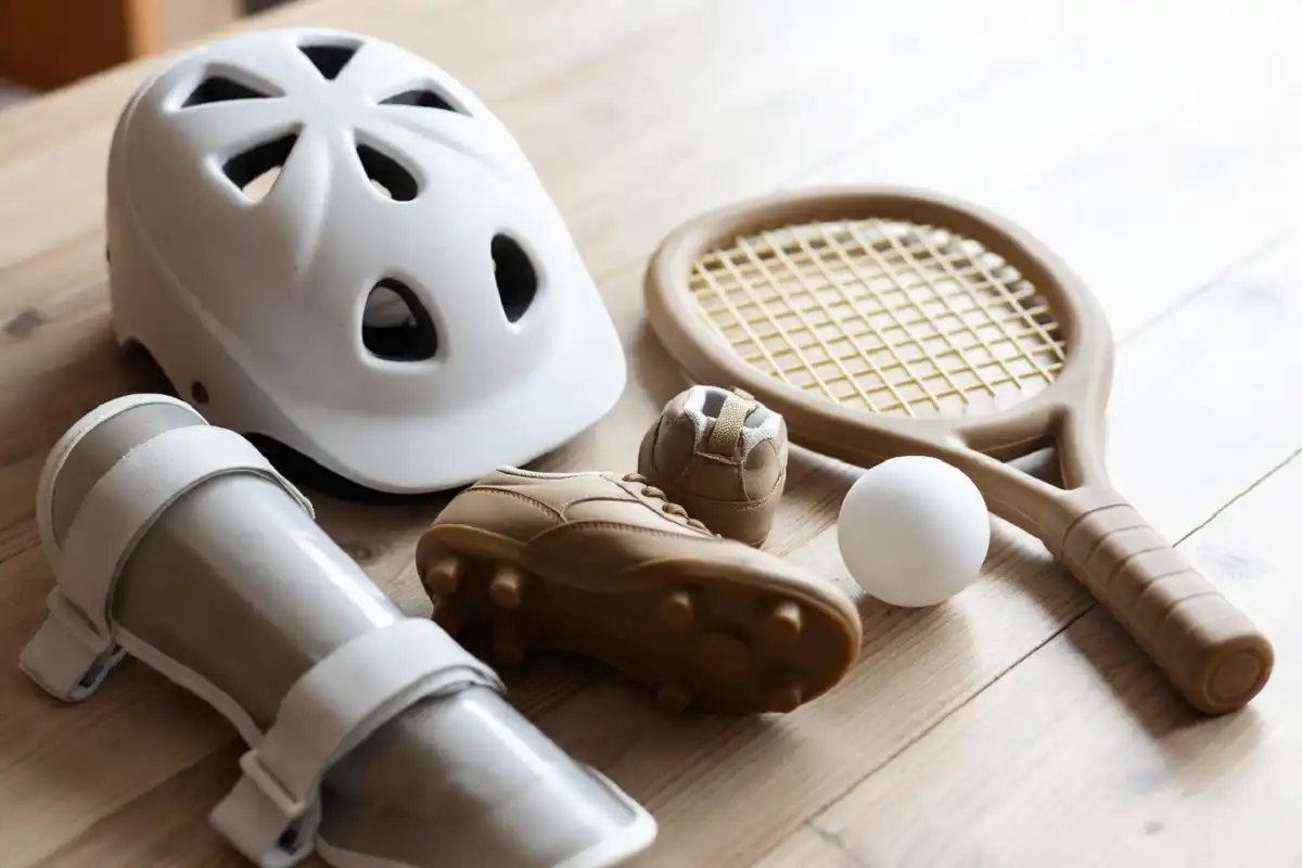 Flat-lay of kids sports gear with helmet, shin guards, cleats, and a foam ball