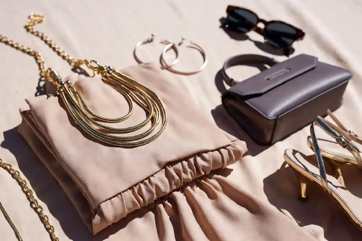 Stylish accessories laid out next to a dress