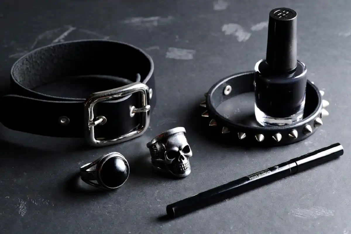 Emo fashion accessories including chokers eyeliner heavy eye makeup and silver rings