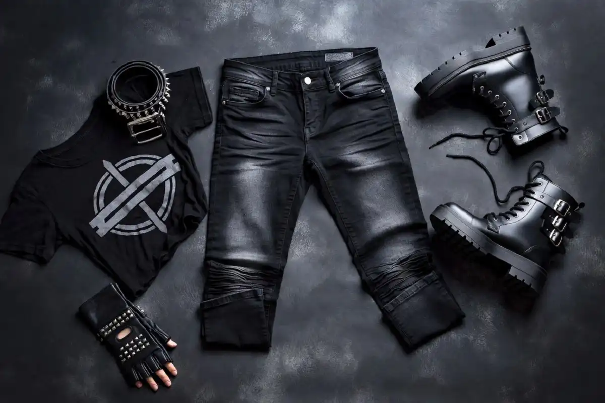 Emo fashion wardrobe essentials including black skinny jeans band shirts and studded belts